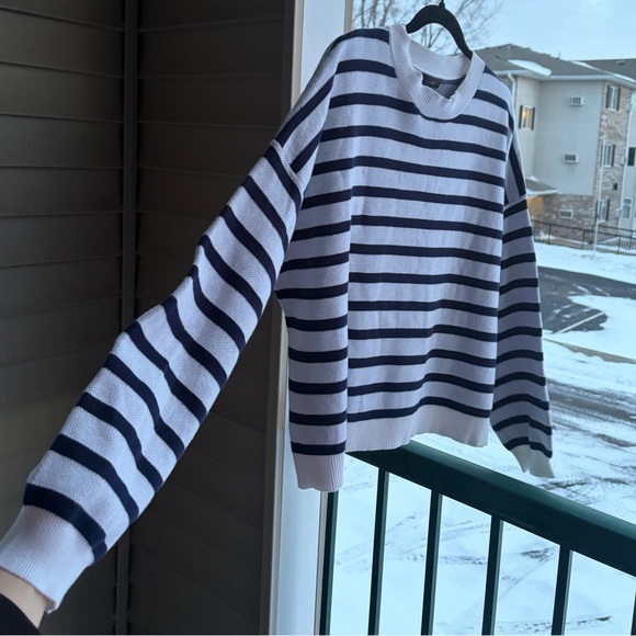 🆕 AQUA Navy & White Striped Knit Sweater Crewneck Oversized Cotton Pullover XXL - Picture 11 of 16